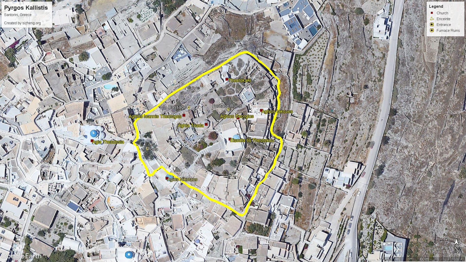 皮尔戈斯堡地图 Overview Map of Pyrgos Kasteli in Santorini