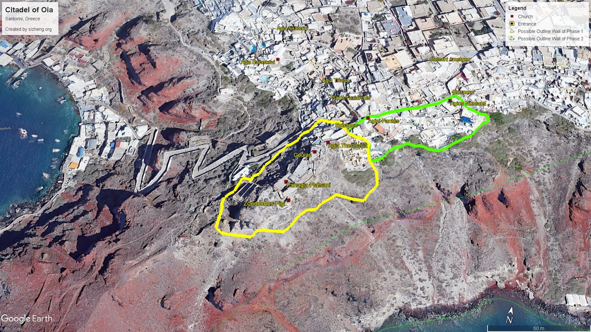 Overview Map of Oia Castle, ref: Η εξέλιξη της αρχιτεκτονικής και της οικοδομικής τέχνης στη Σαντορίνη από την Ενετοκρατία ως το σεισμό του 1956 by Ritzouli 