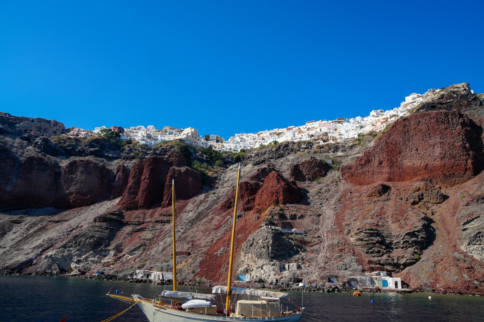 Oia, Santorini. Oia castle is on the left.