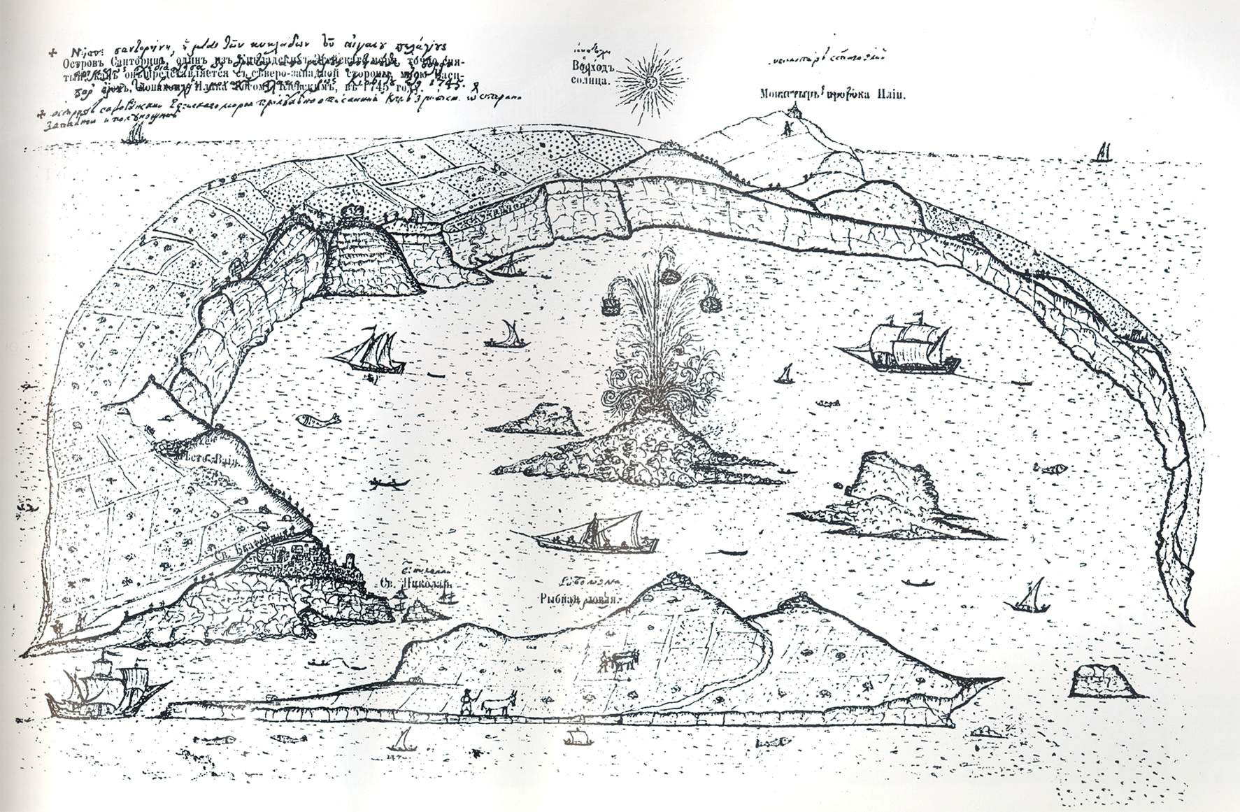 Map of Santorini in 1745 by Vasil Grigorovich-Barskij (Source: Ritzouli 2016)